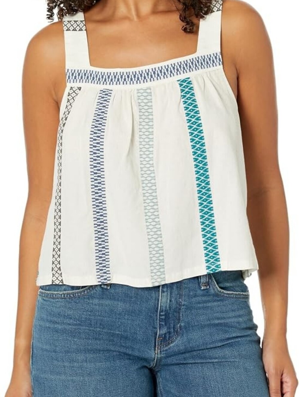 Sleeveless Embroidered Stripe Square-Neck Top - White with Blue & Teal Accents